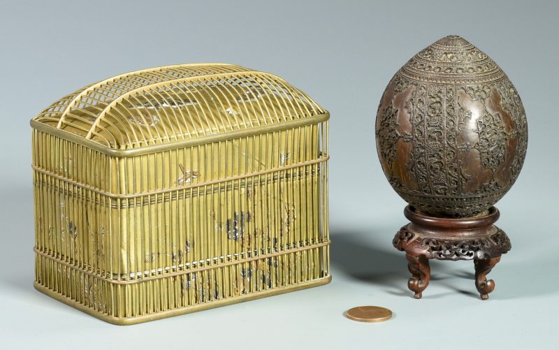 Lot 678: Japanese Inlaid Bronze Box & Carved  Coconut