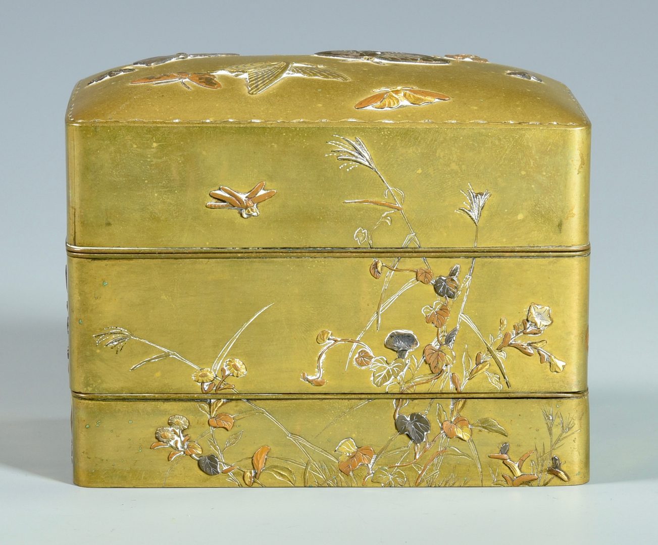 Lot 678: Japanese Inlaid Bronze Box & Carved  Coconut