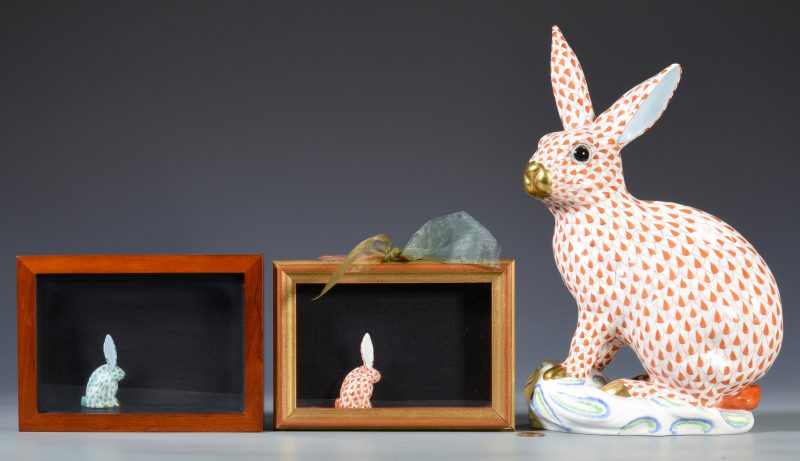 Lot 689: Large Herend Rabbit Figure w/ 2 Rabbit Miniatures