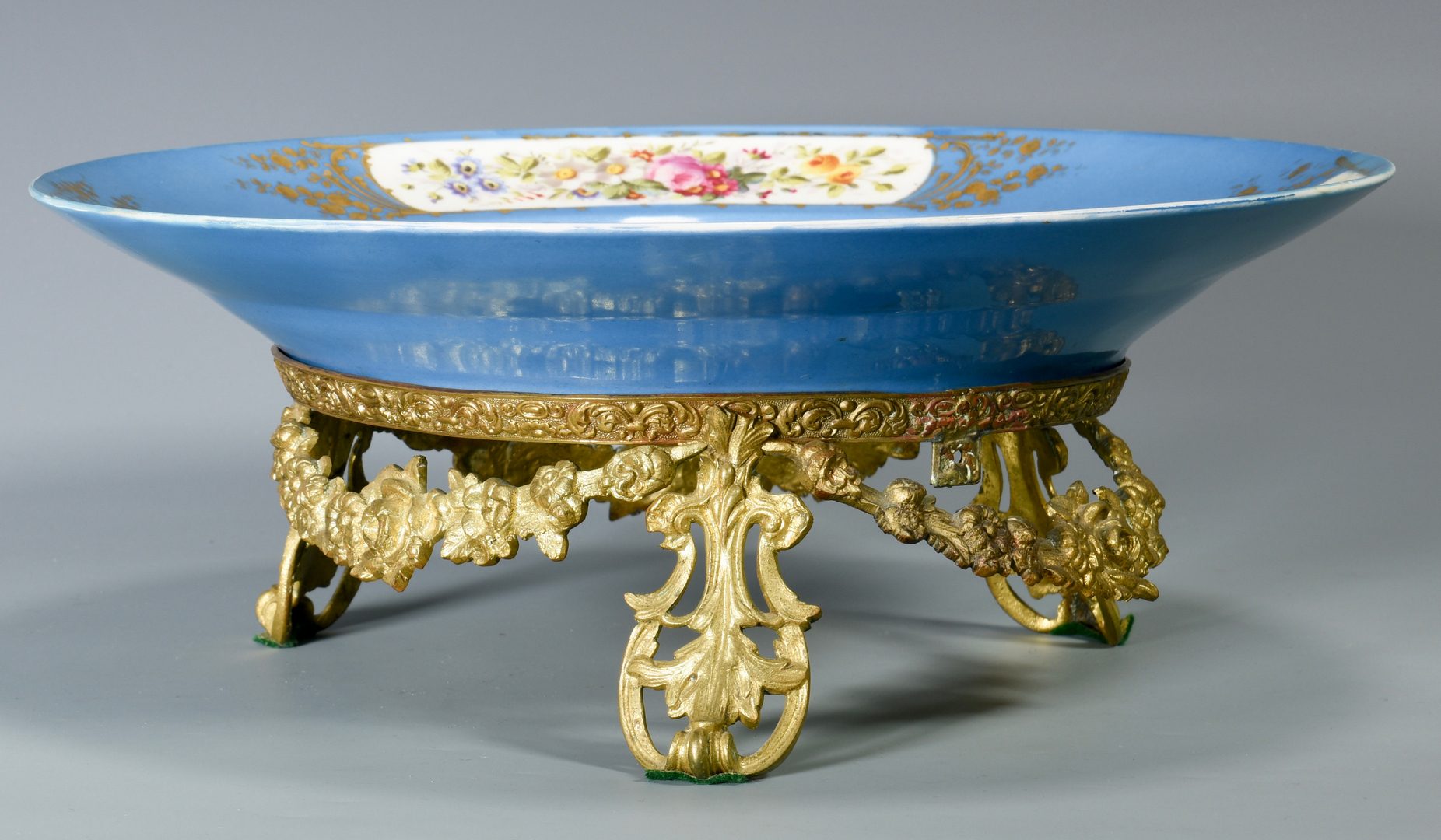 Lot 692: Sevres Style Porcelain Charger w/ Gilt Bronze Stand