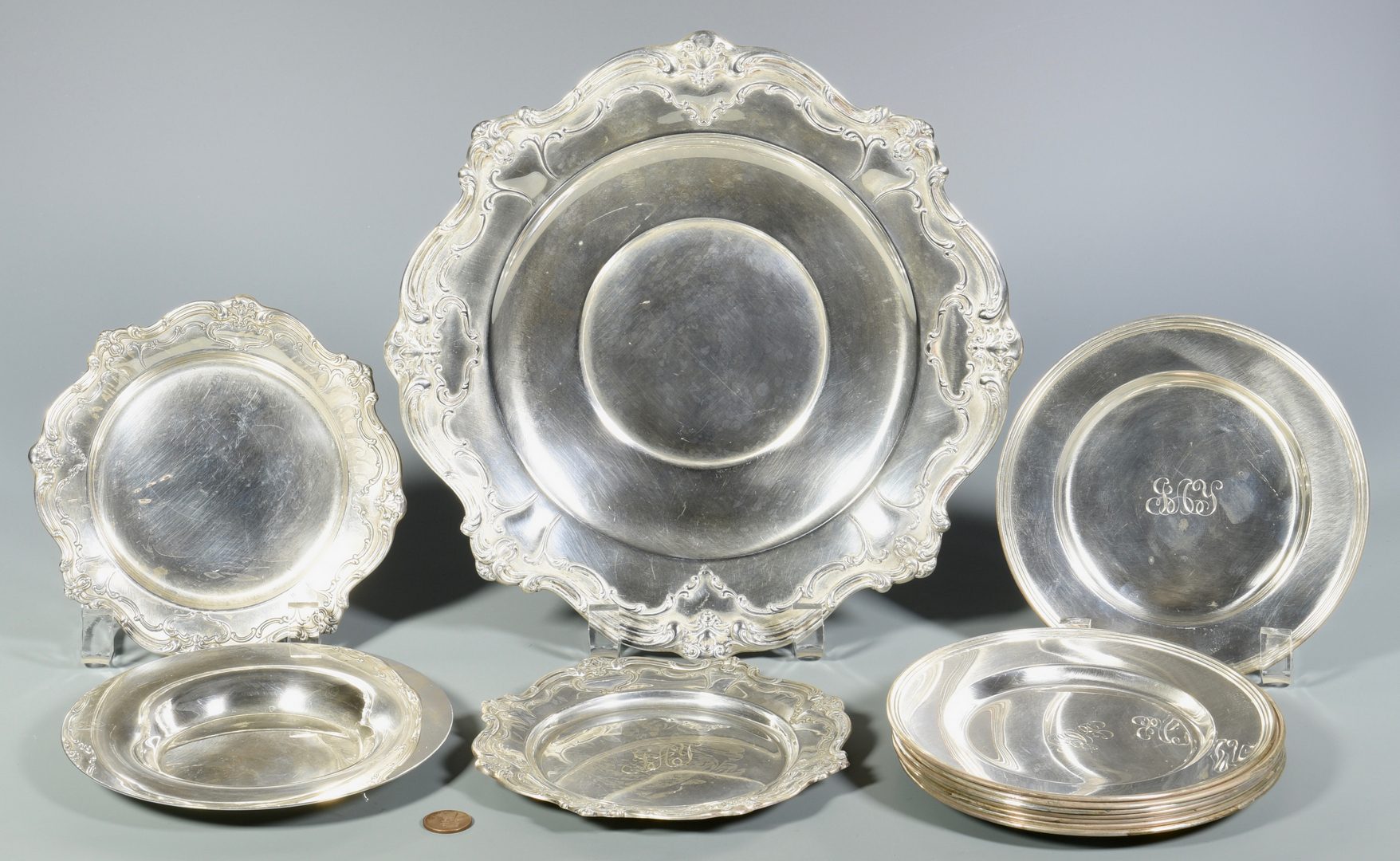 Lot 855: 13 assorted Sterling Plates and Trays
