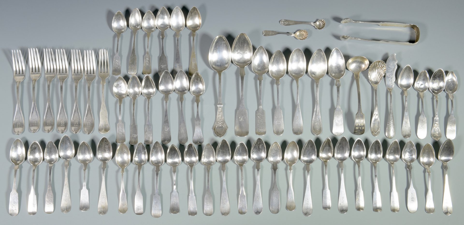 Lot 861: Silver Flatware, Mostly Coin, 59 pcs.