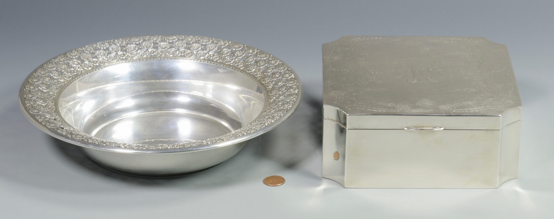 Lot 864: Wallace Sterling Pierced Bowl & Engraved Box
