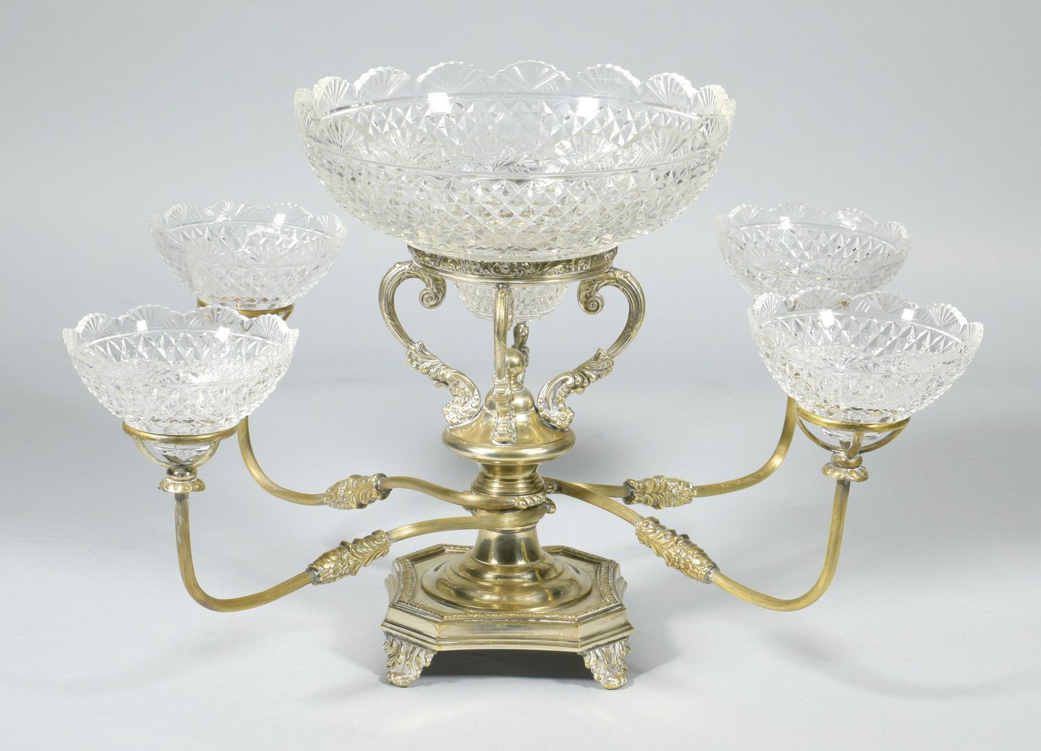 Lot 899: Sheffield Silverplated Candelabra and Epergne with 5 Glass Bowls