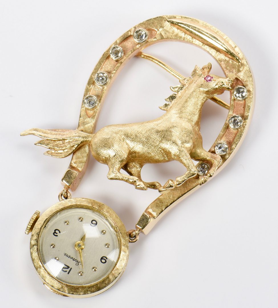 Lot 947: 14K Diamond Horse Lapel Pin Watch
