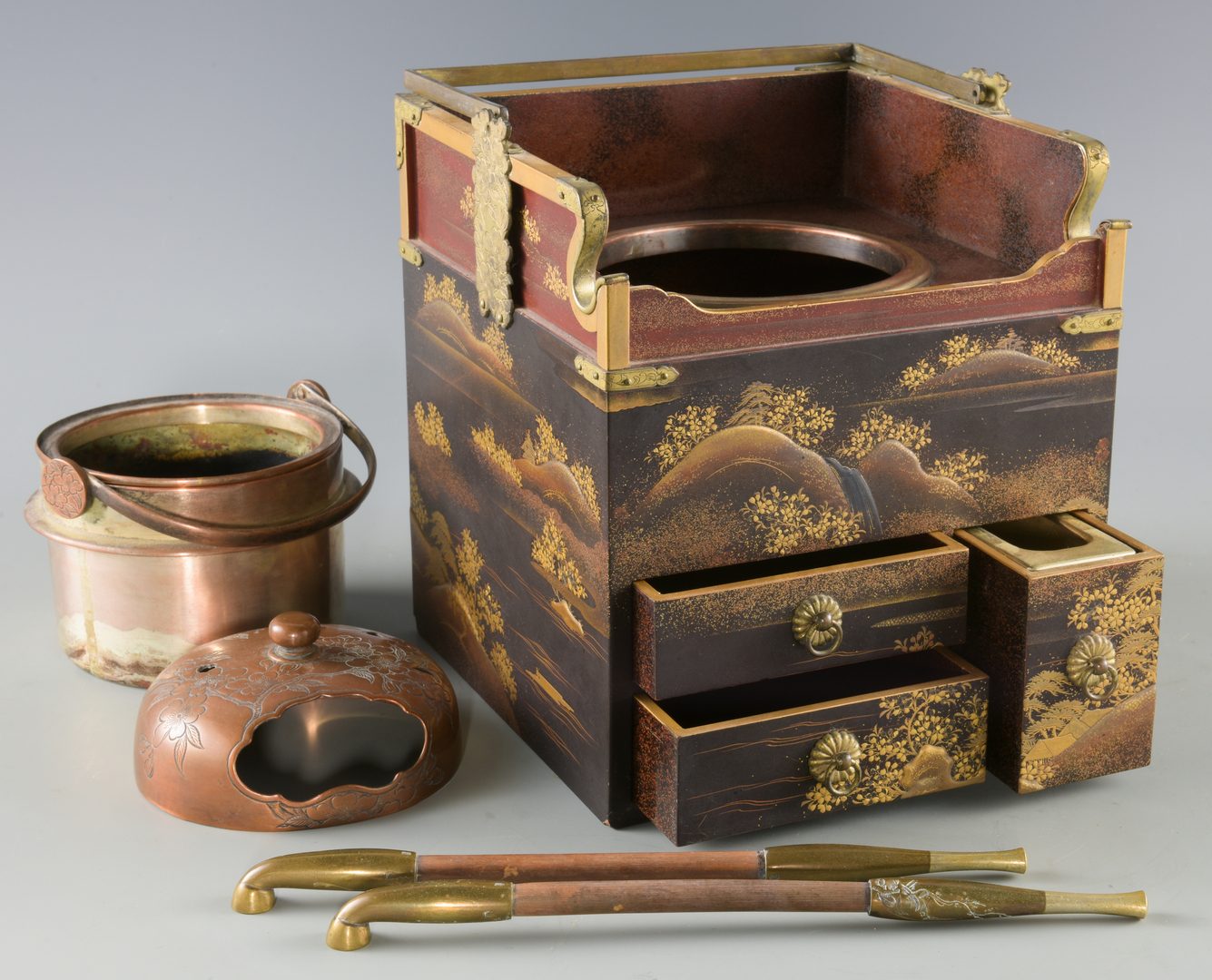 Lot 16: Japanese Gold Lacquer Tobacco Box & Bronze Hand Mirror