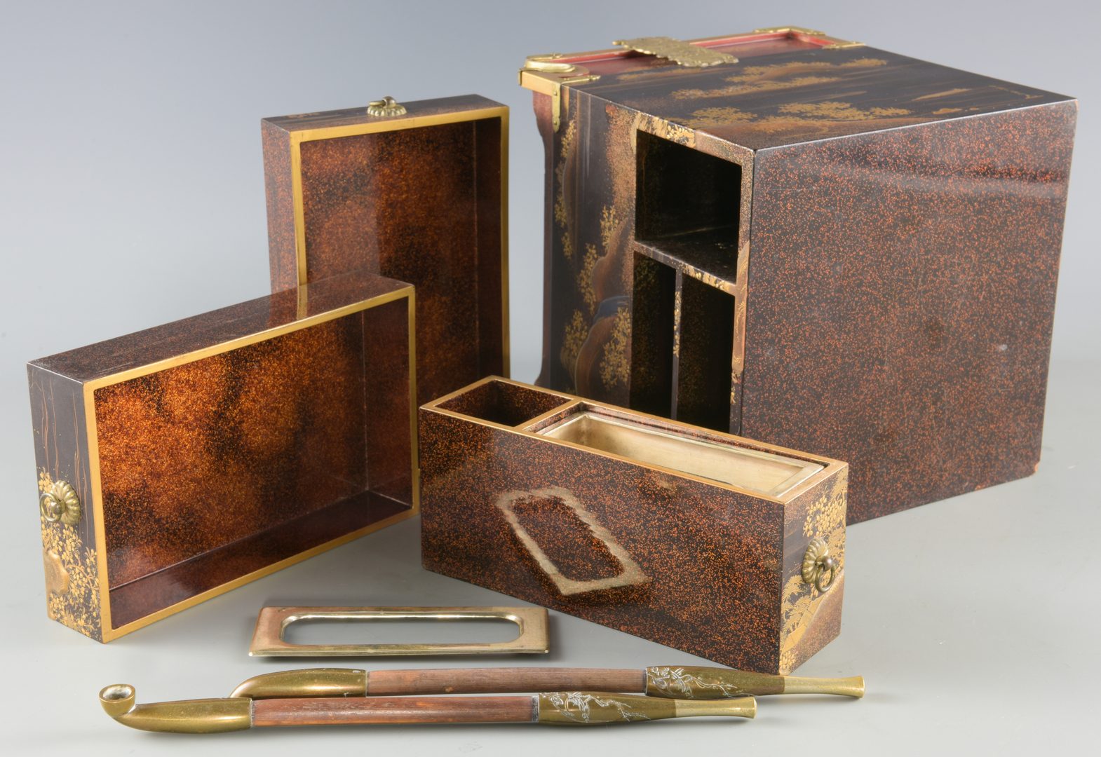 Lot 16: Japanese Gold Lacquer Tobacco Box & Bronze Hand Mirror
