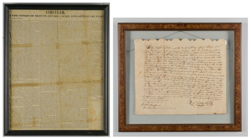 Lot 196: East TN Political Broadside, 1857 and Wm. Dickson Signed Land Indenture, 1818