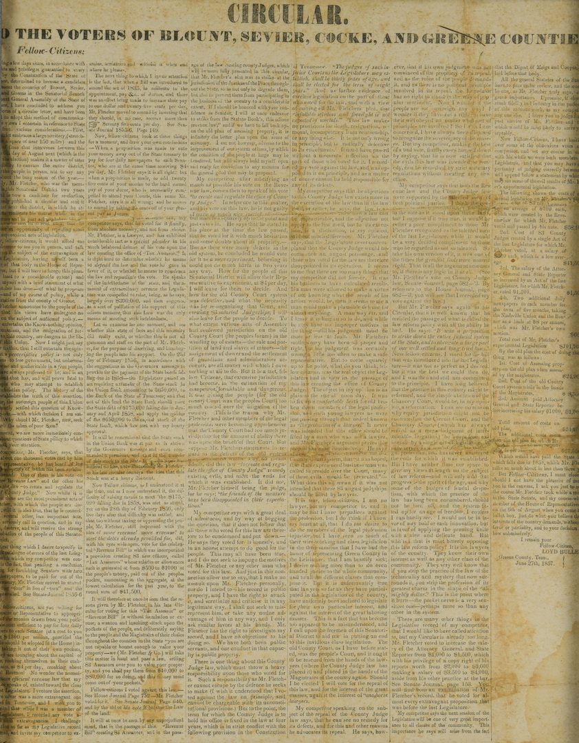 Lot 196: East TN Political Broadside, 1857 and Wm. Dickson Signed Land Indenture, 1818