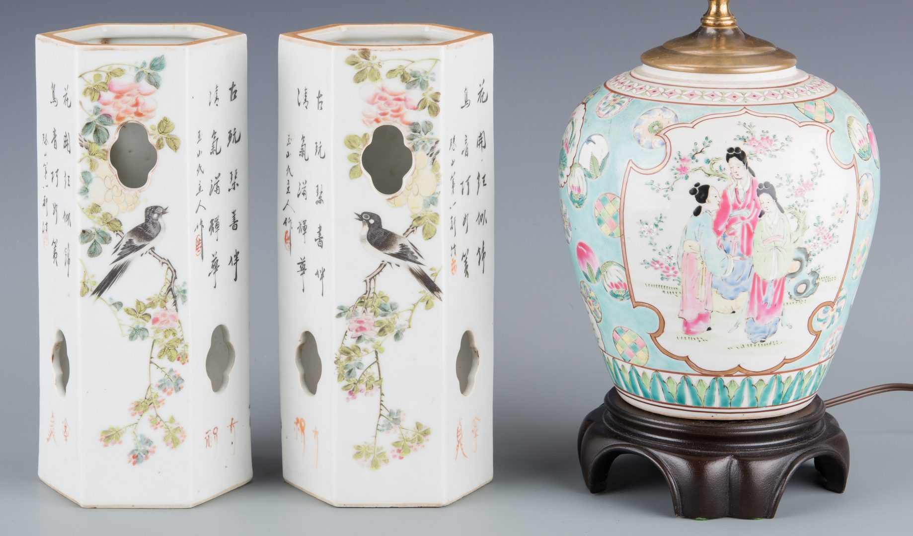 Lot 258: Pr. Chinese Republic  Hat Stands & Porcelain Lamp
