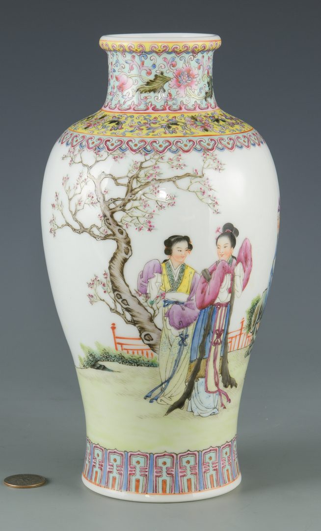 Lot 26: Famille Rose Rouleau Vase with Figural Decoration