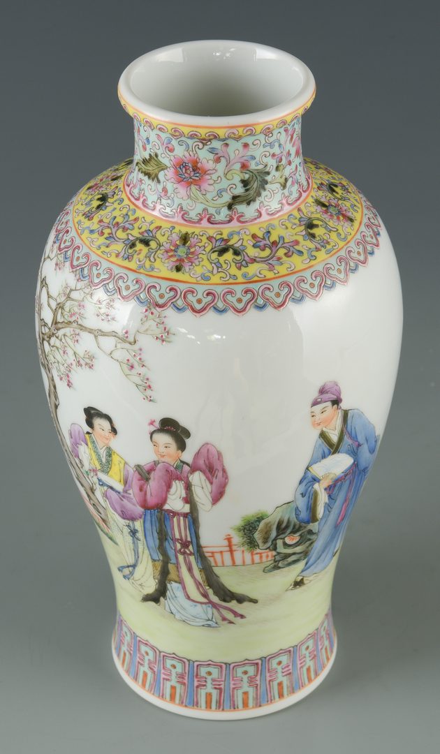 Lot 26: Famille Rose Rouleau Vase with Figural Decoration