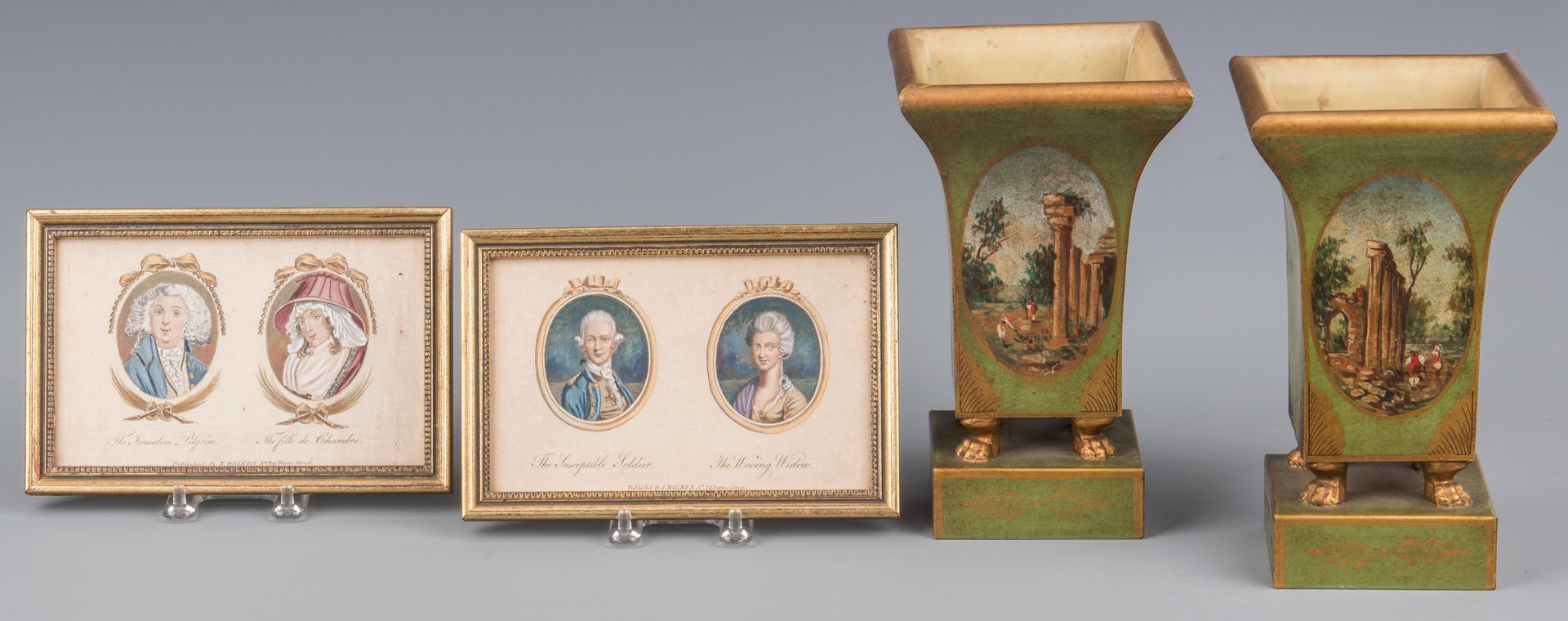 Lot 283: Pr. French Empire Style Tole Cachepots & Lithographic Portraits