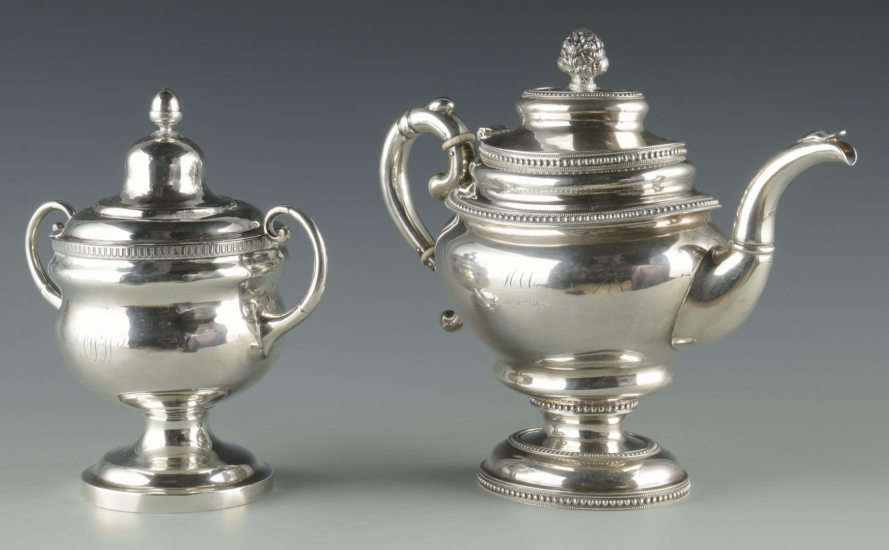 Lot 355: Silver Teapot and sugar bowl