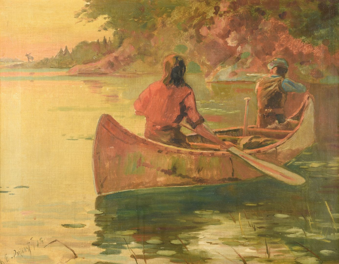 Lot 423: Canoe Hunting Scene O/C, "Porthast"