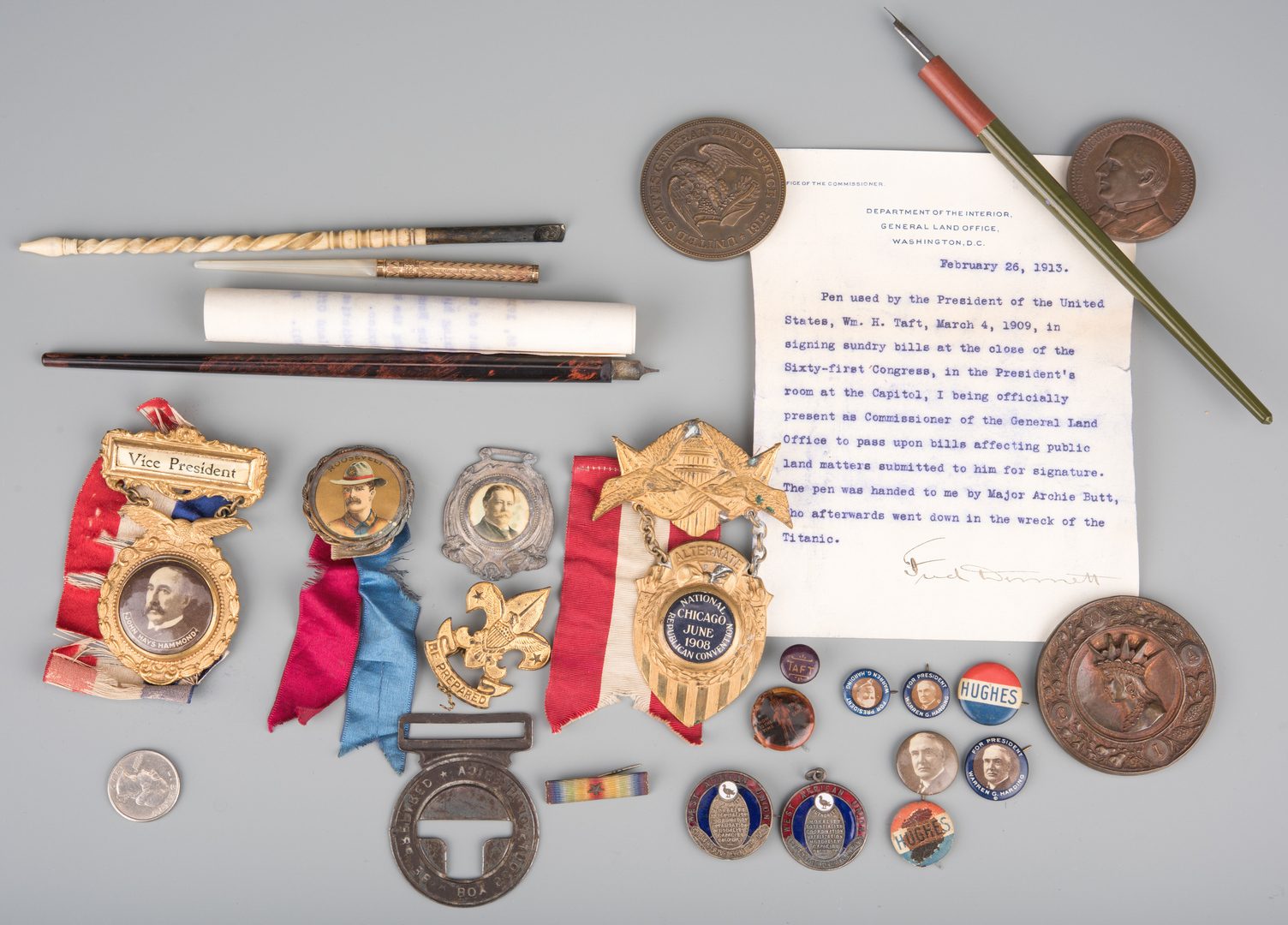 Lot 562: 25 Political items, including Roosevelt Pin, Taft Pens