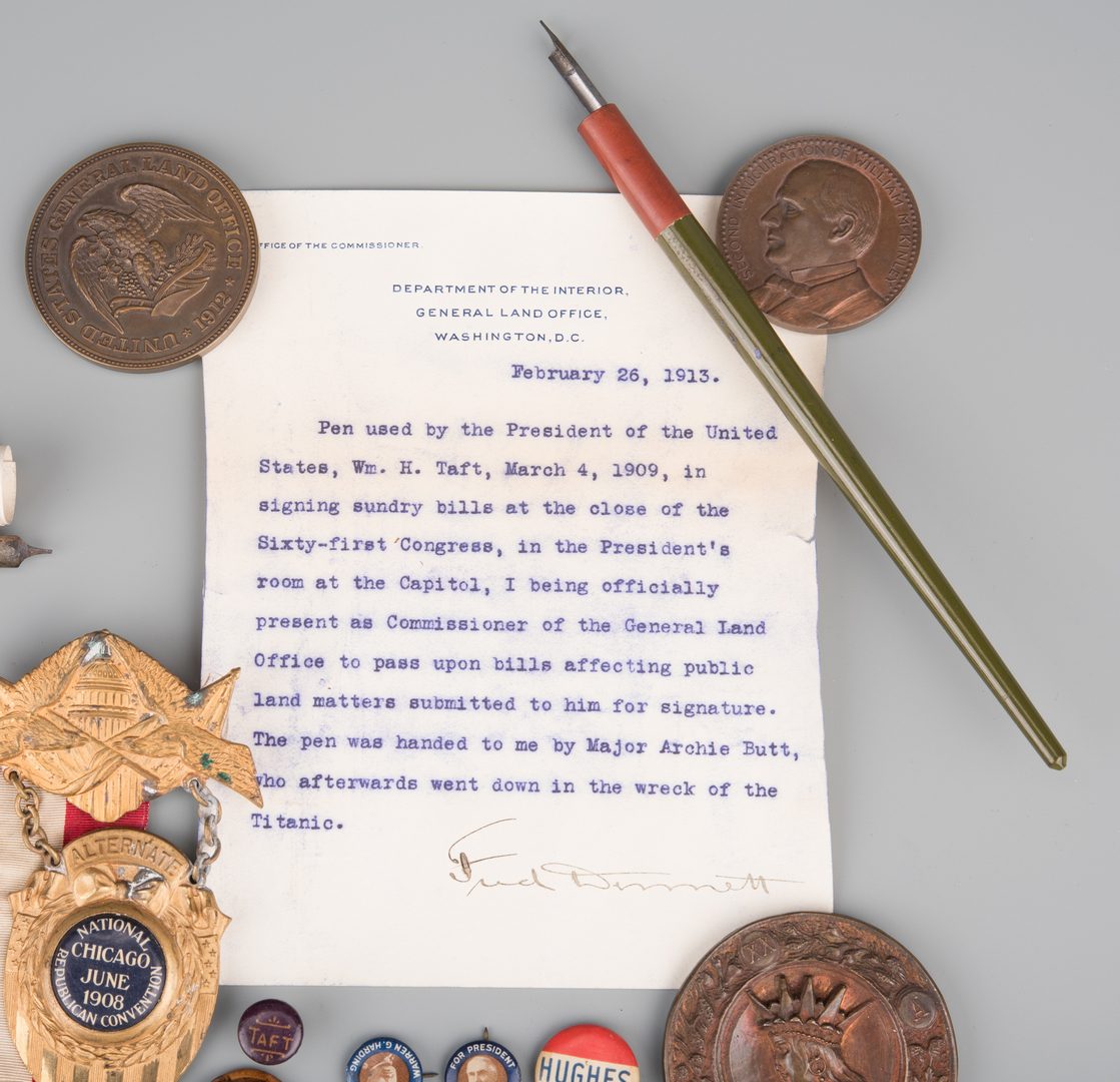 Lot 562: 25 Political items, including Roosevelt Pin, Taft Pens