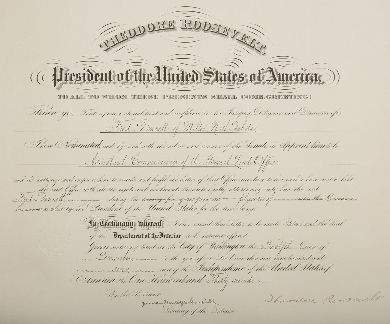 Lot 564: 2 Theodore Roosevelt Signed Appointment Documents