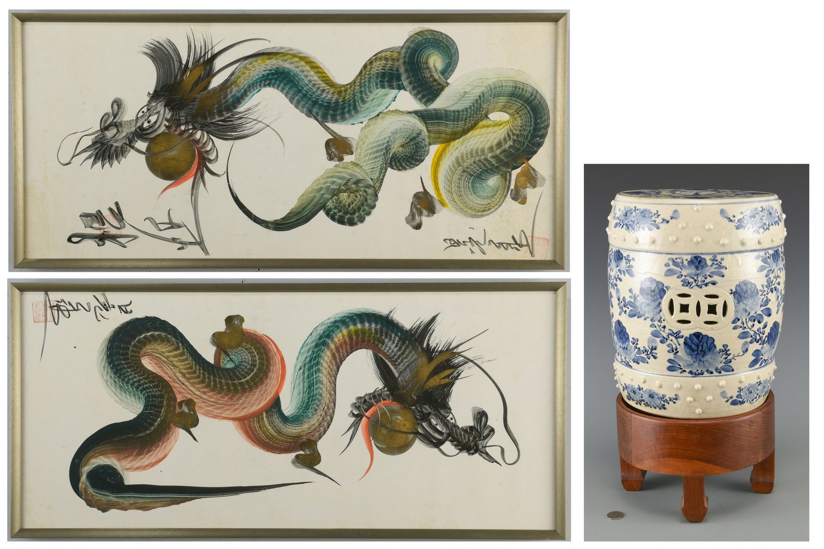 Lot 602: Chinese Dragon Paintings and Garden Stool