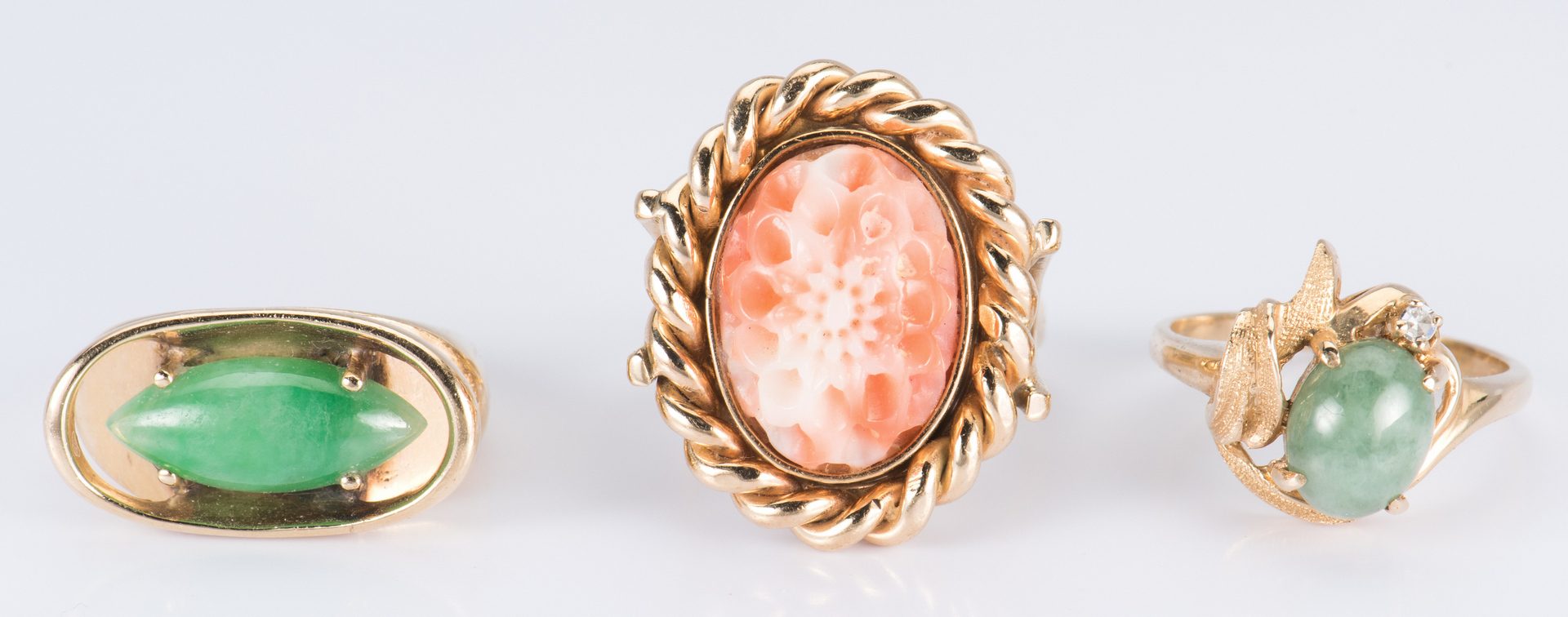 Lot 714: Group 14K Coral and Jade Rings