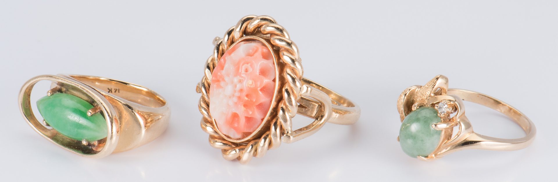 Lot 714: Group 14K Coral and Jade Rings