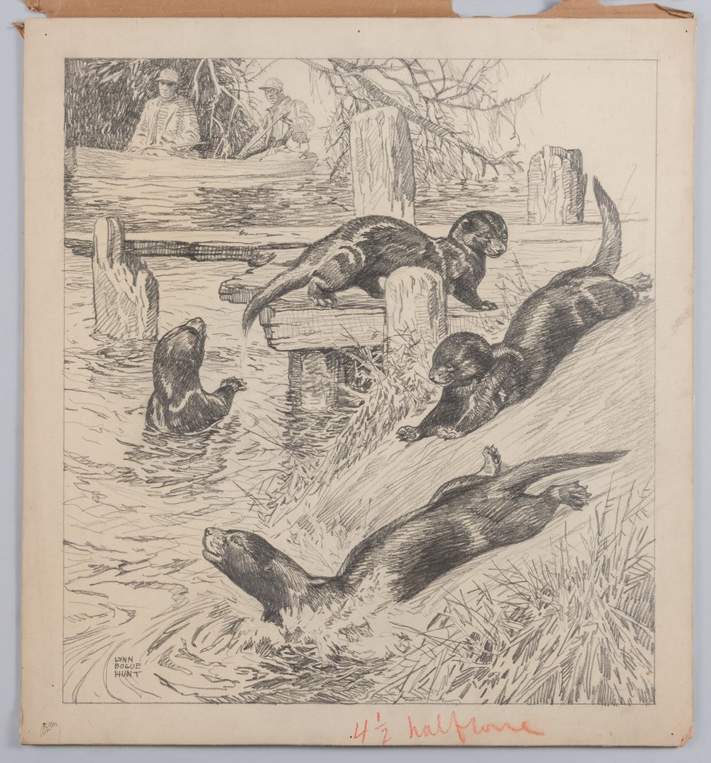Lot 783: Lynn Bogue Hunt Wildlife Drawing, Otters