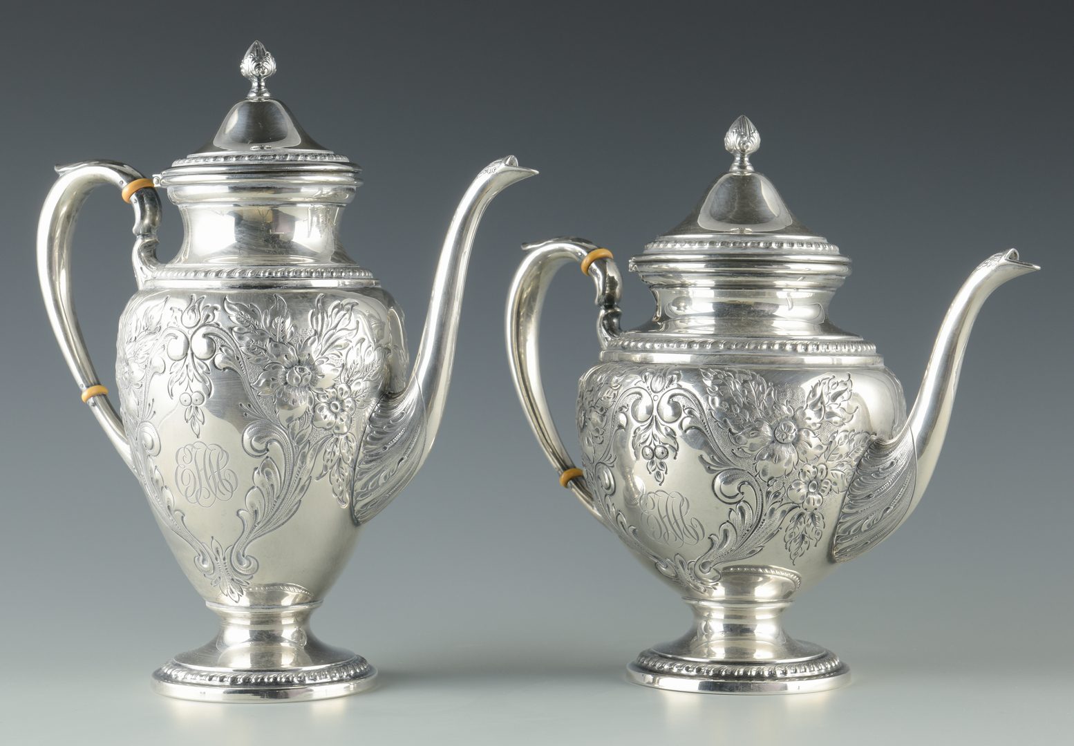 Lot 80: Whiting Lily-Floral 5 pc. Sterling Tea Service