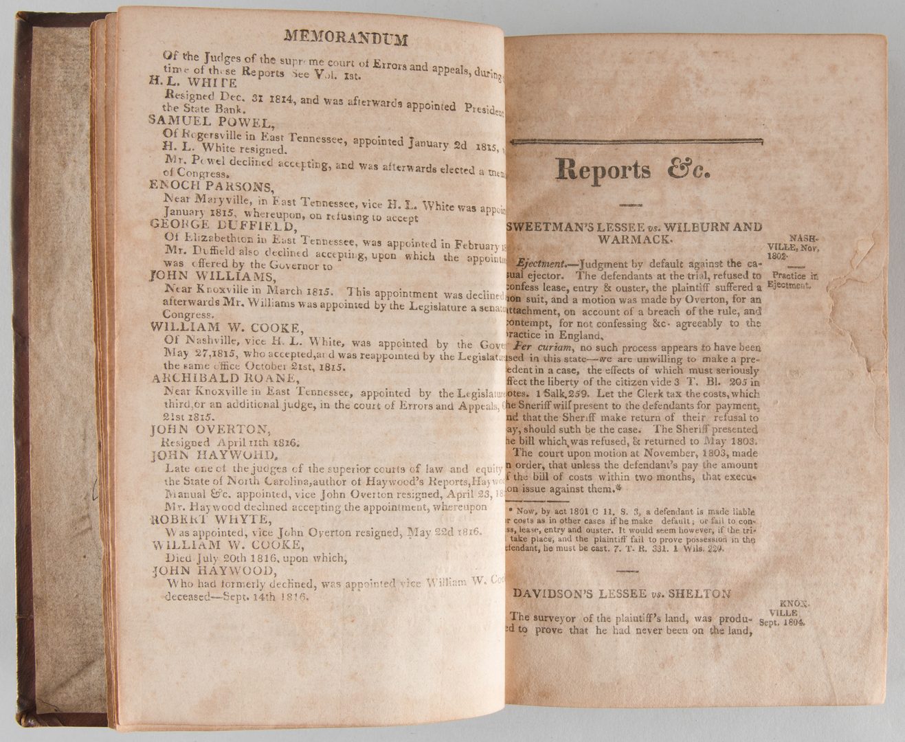 Lot 859: John Overton Tennessee Reports Nashville vol 2 1817