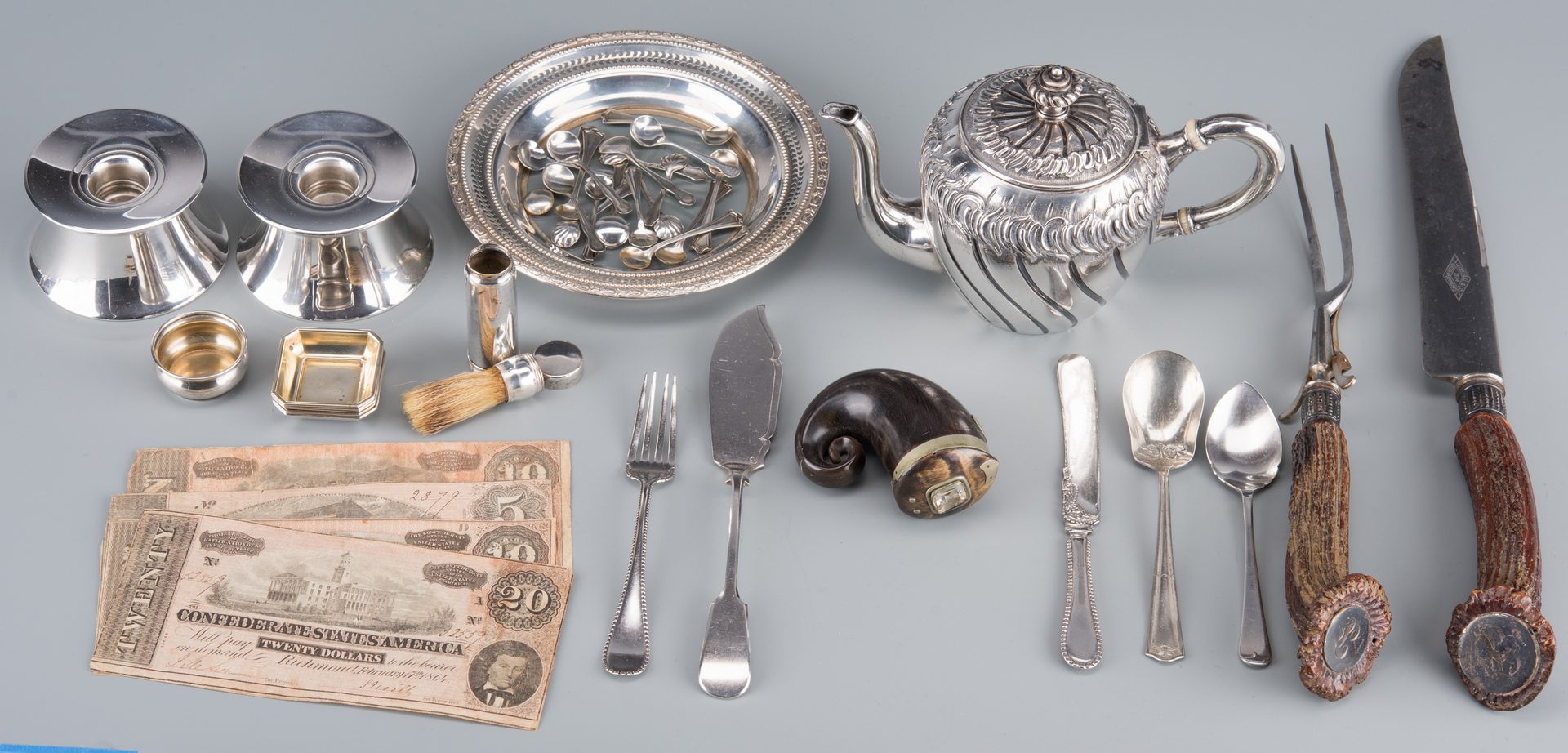 Lot 900: Group silver, horn and CSA currency