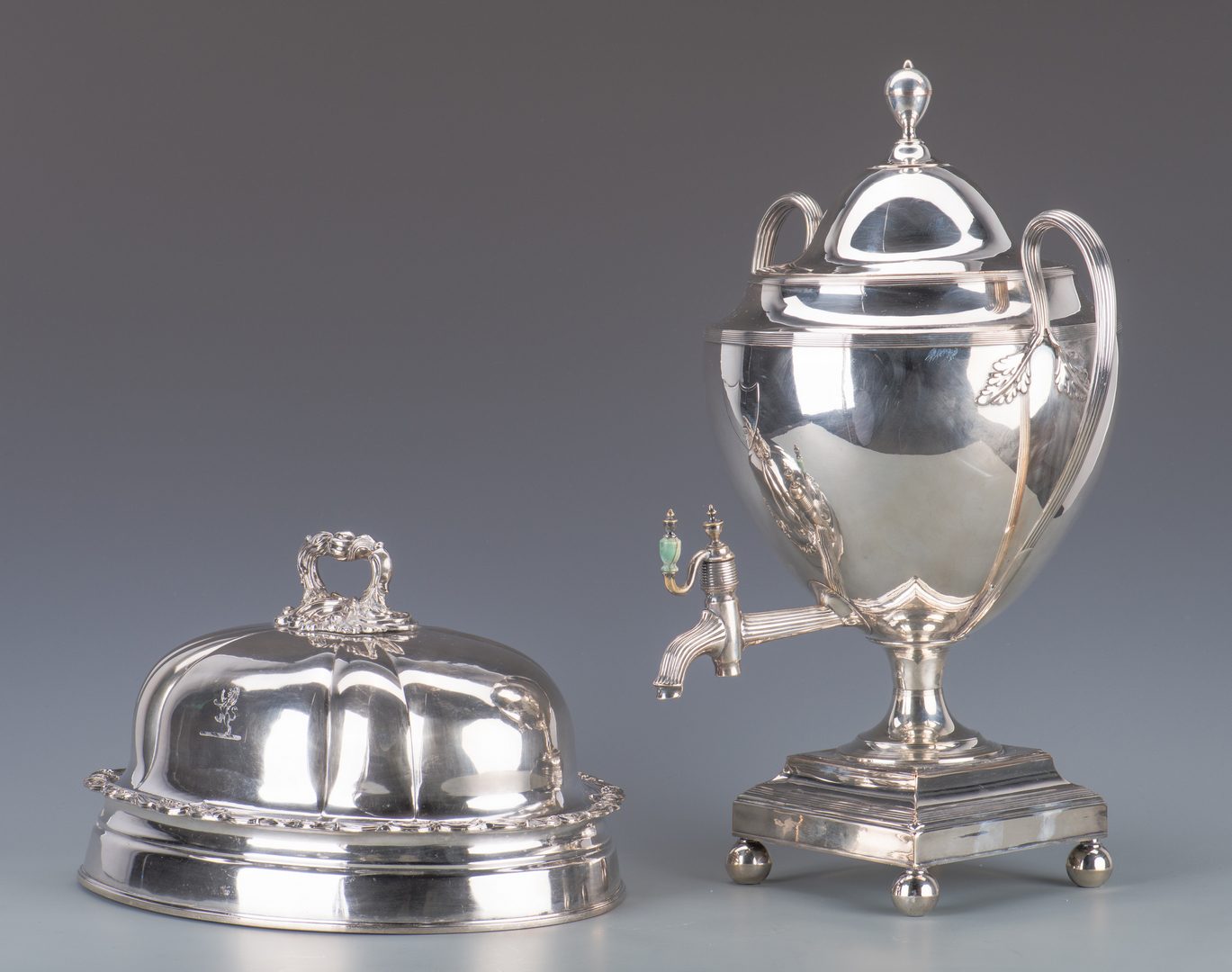 Lot 943:  Old Sheffield Plate Tea Urn, Meat Dome