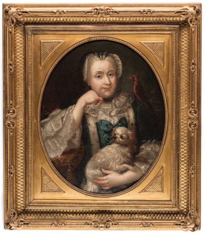 Lot 106: 18th c. Portrait, Lady w/ Spaniel & Bird