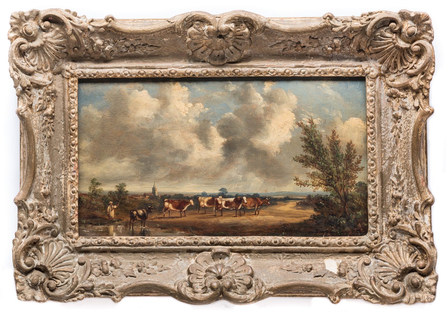 Lot 157: British Oil on Board, Landscape with Cows
