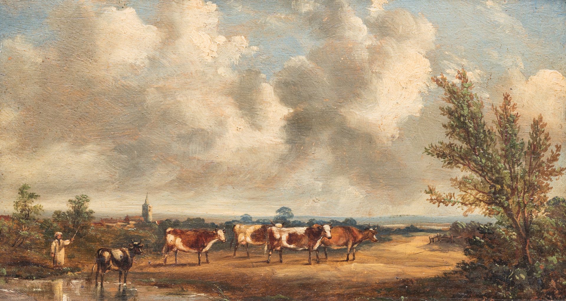 Lot 157: British Oil on Board, Landscape with Cows