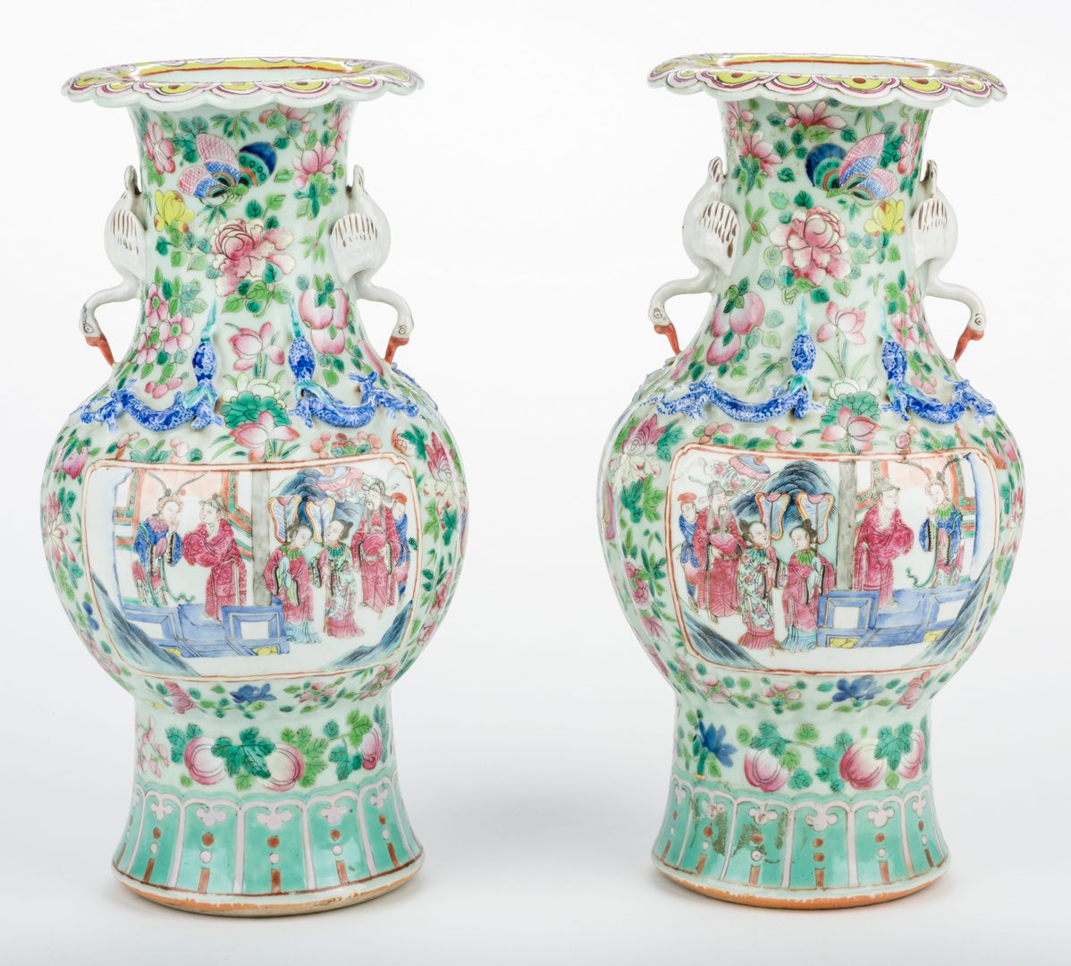 Lot 16: Pr. Chinese Famille Rose Vases w/ Figural Handles