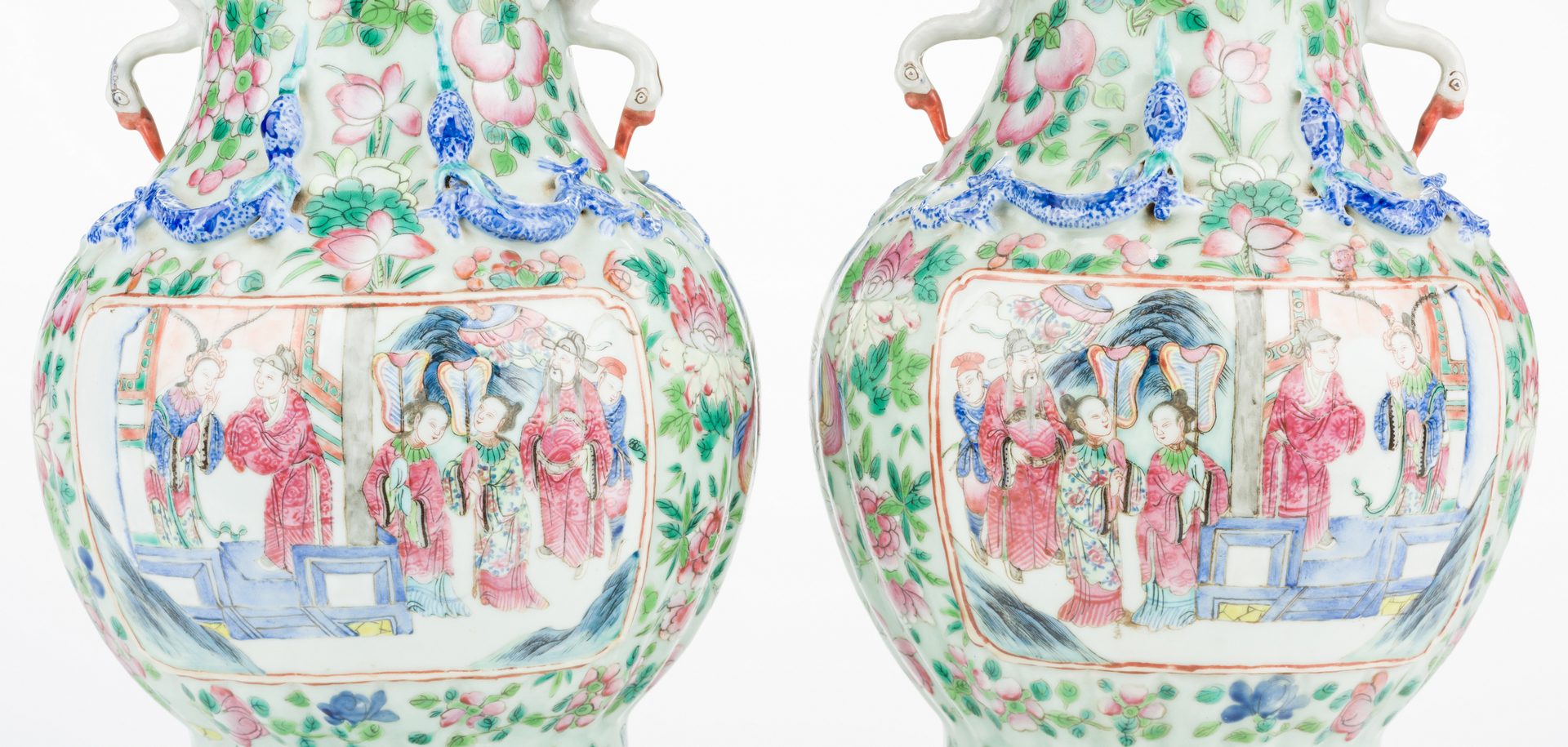Lot 16: Pr. Chinese Famille Rose Vases w/ Figural Handles