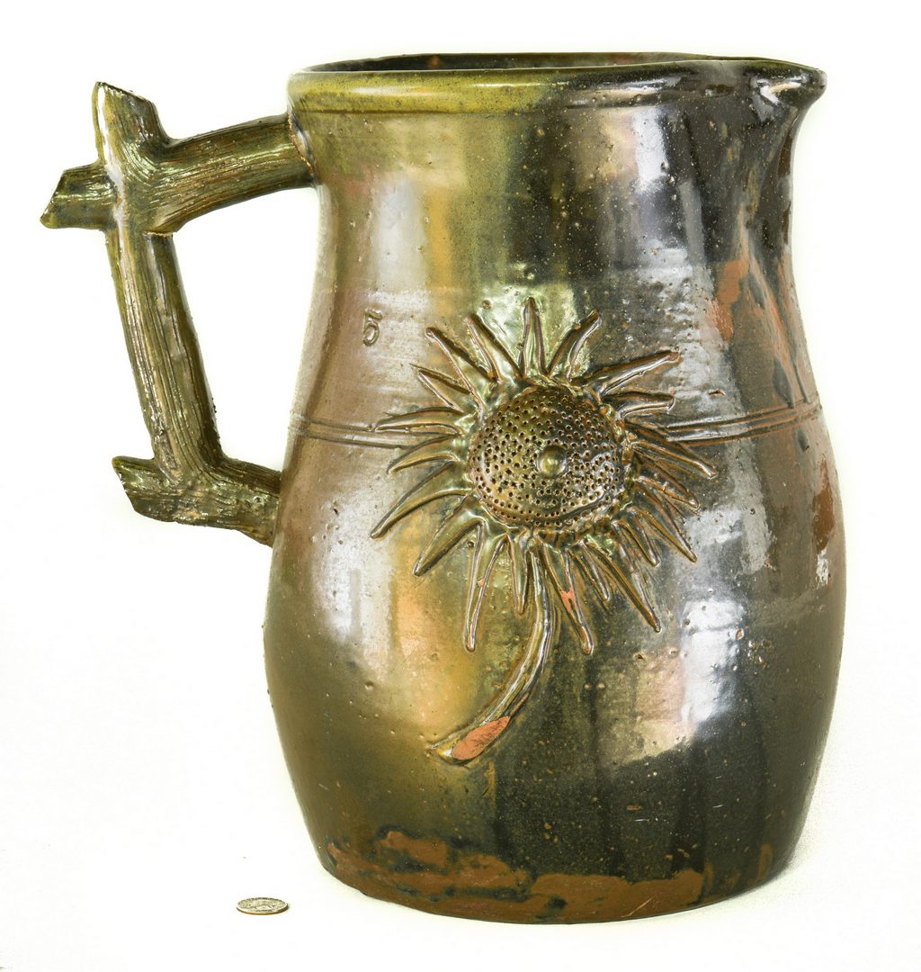 Lot 184: Southern Stoneware Pottery Pitcher, Applied Sunflower