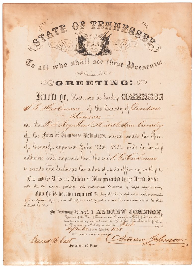Lot 226: Andrew Johnson Signed Commission, 1862