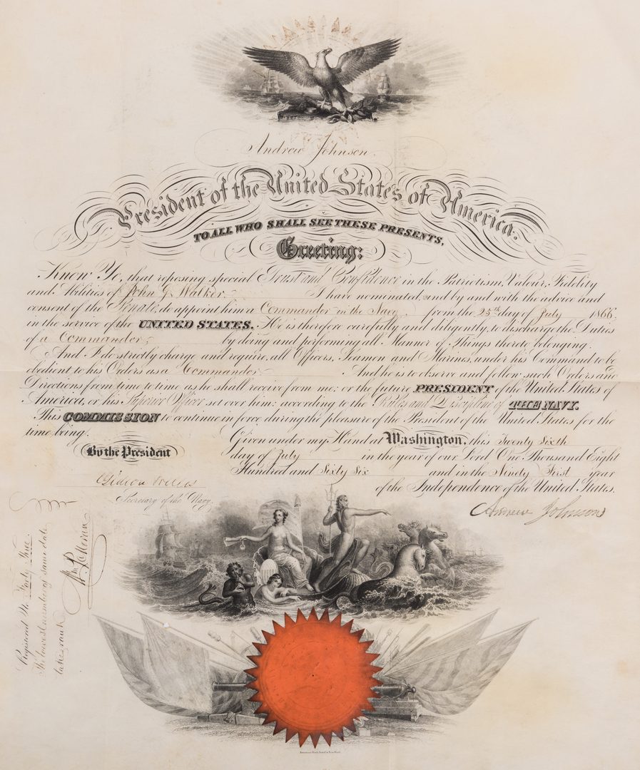 Lot 229: 2 President Andrew Johnson War Commission Documents: Cmdr. John G. Walker, Lt. John Norcross