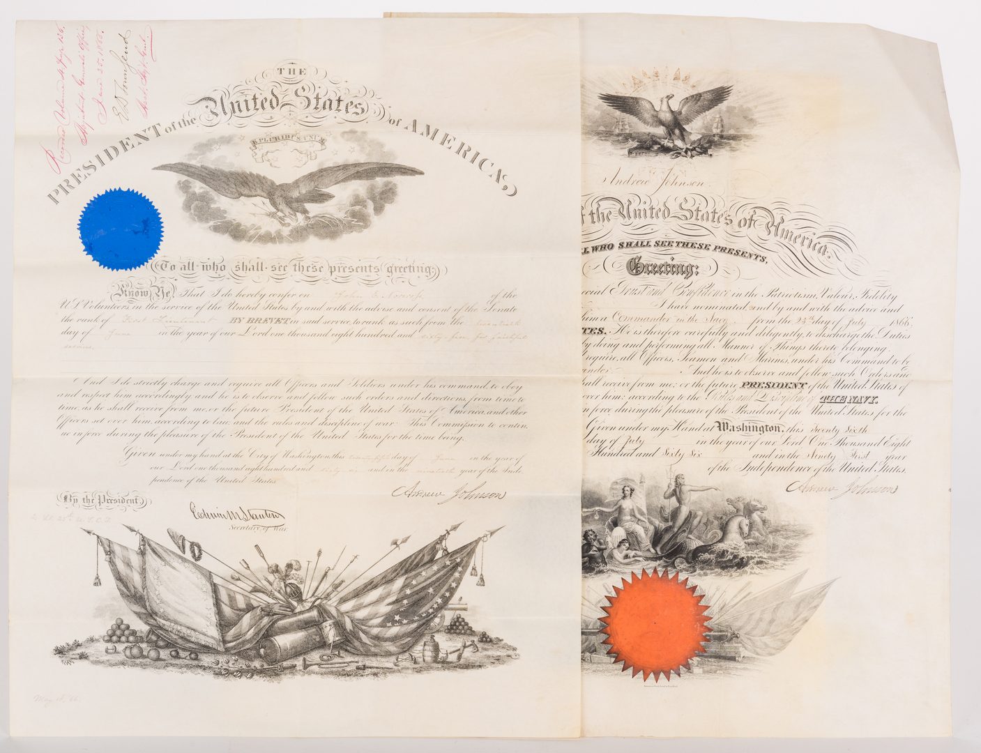 Lot 229: 2 President Andrew Johnson War Commission Documents: Cmdr. John G. Walker, Lt. John Norcross