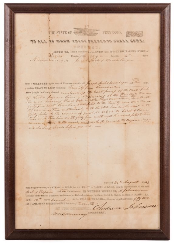 Lot 230: Andrew Johnson Signed Land Grant, 1853