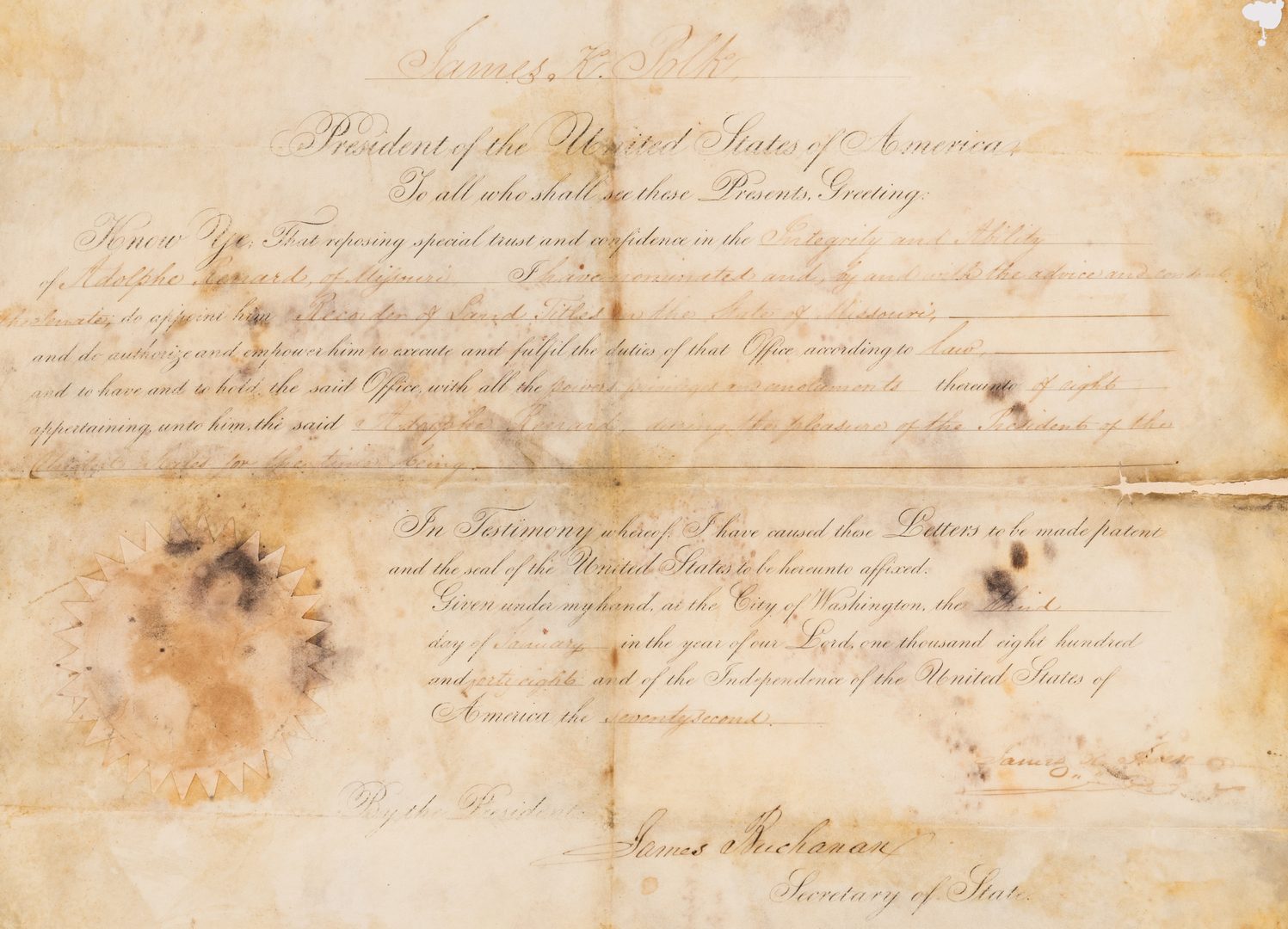 Lot 231: President Polk and Buchanan Signed Document, 1848