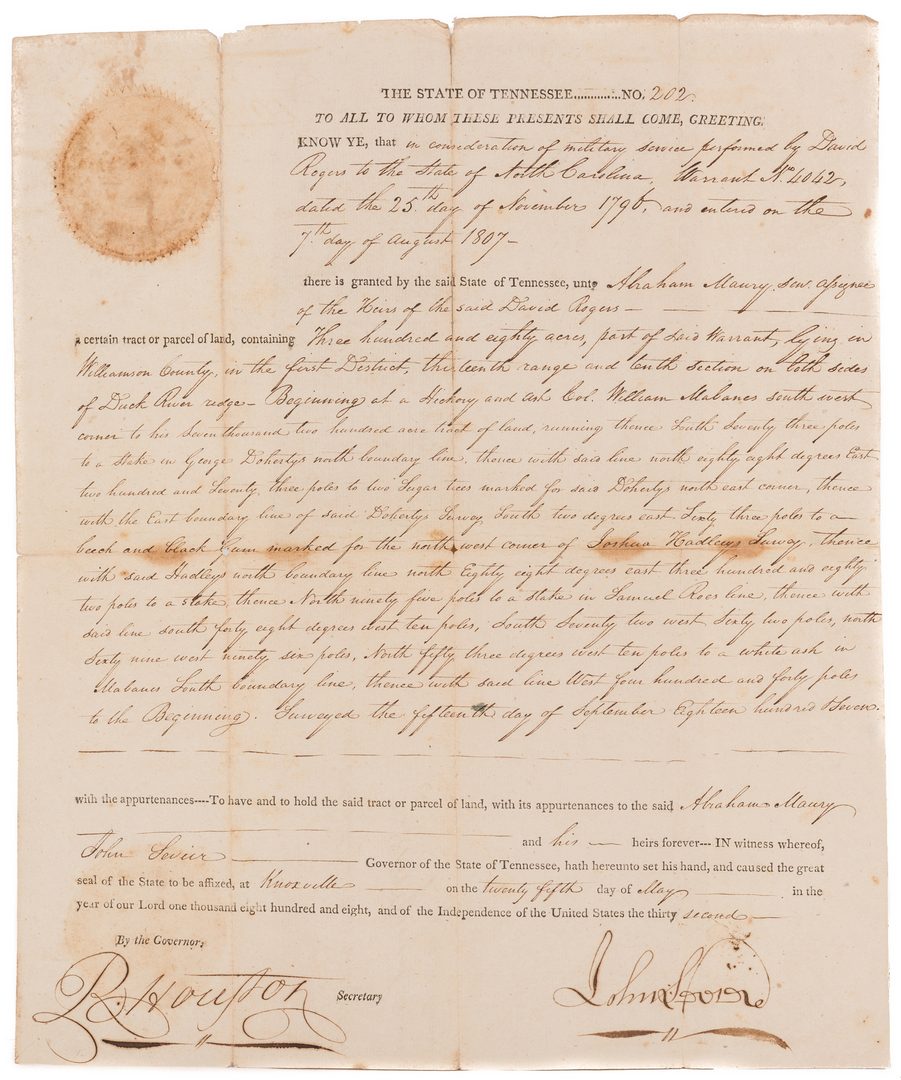 Lot 234: John Sevier Signed Land Grant & Sheriff Summons, 2 items