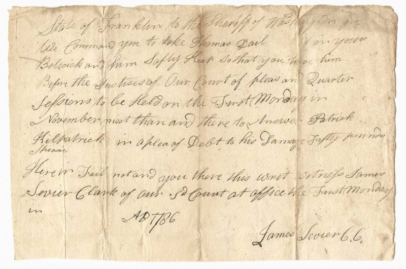 Lot 237: James Sevier Summons, 1786 State of Franklin