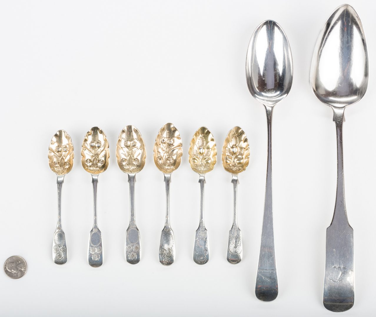 Lot 254: 8 English silver spoons, inc. Hester Bateman