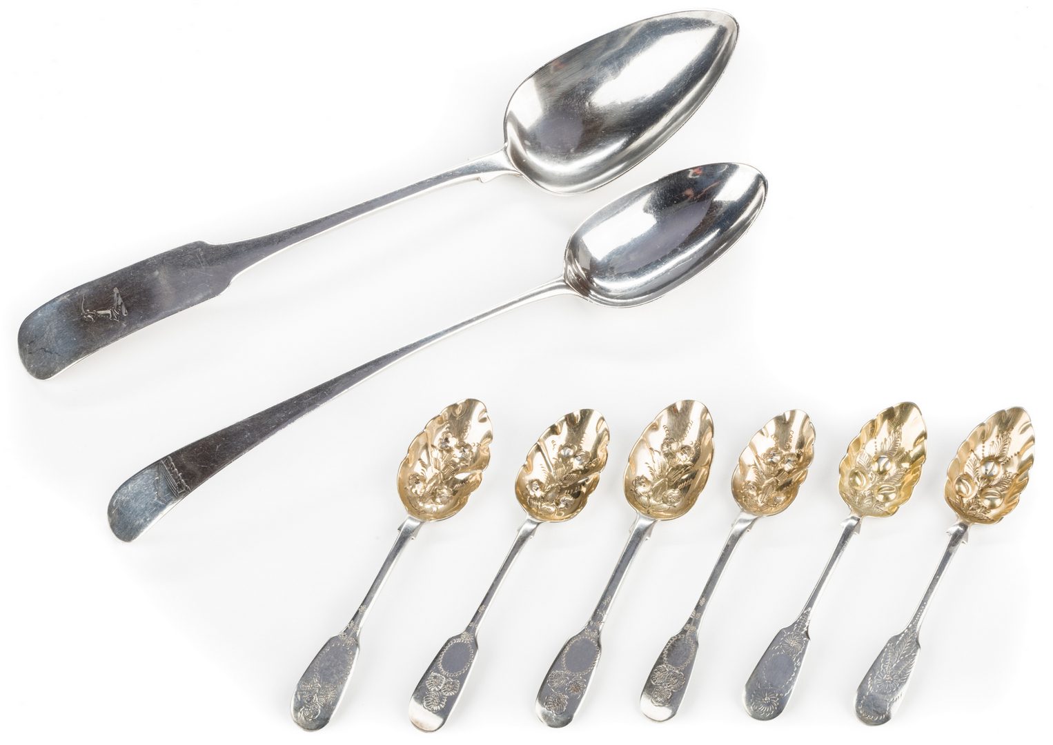 Lot 254: 8 English silver spoons, inc. Hester Bateman