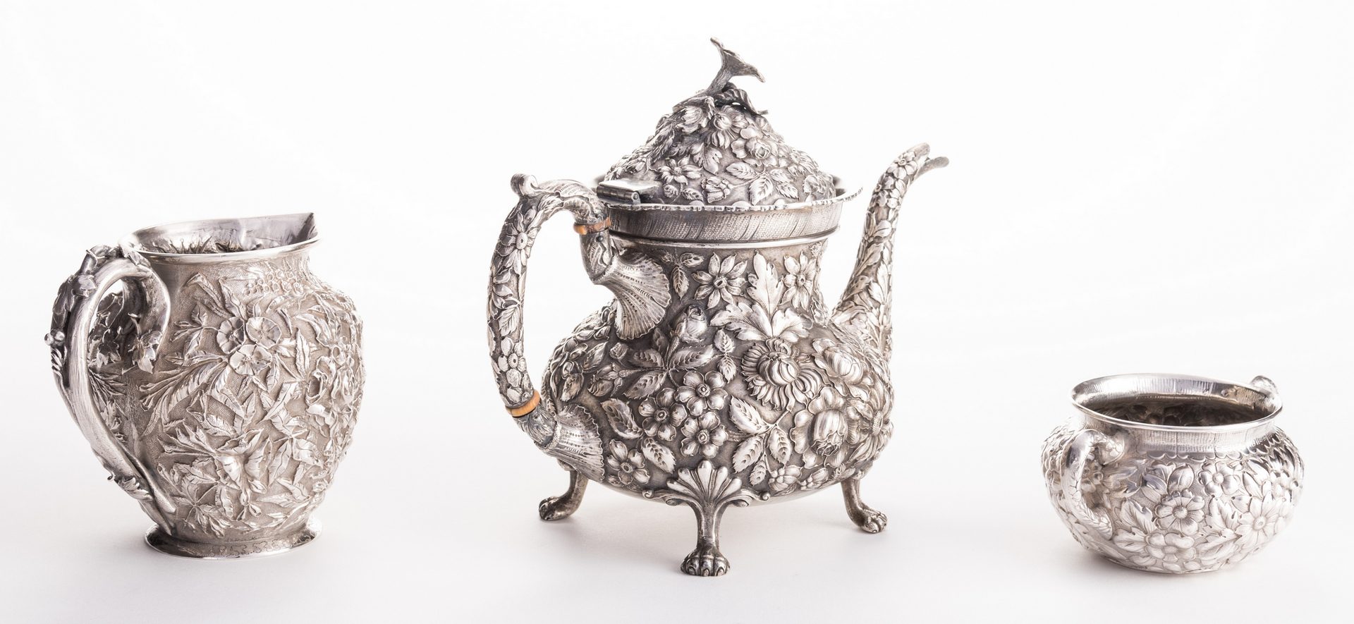Lot 290: Antique Sterling Repousse, incl. Teapot, 3 pcs