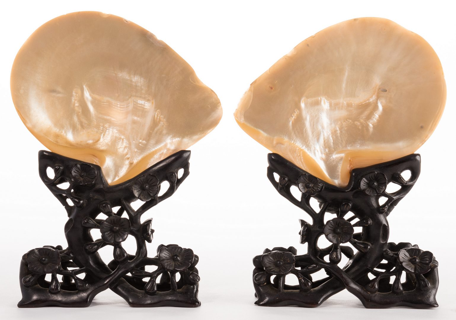 Lot 304: Pr. Chinese Mother of Pearl Shells w/ Carved Stands