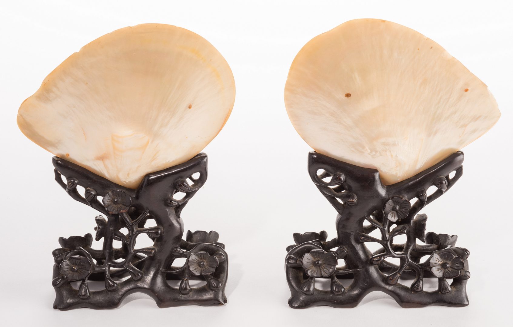 Lot 304: Pr. Chinese Mother of Pearl Shells w/ Carved Stands
