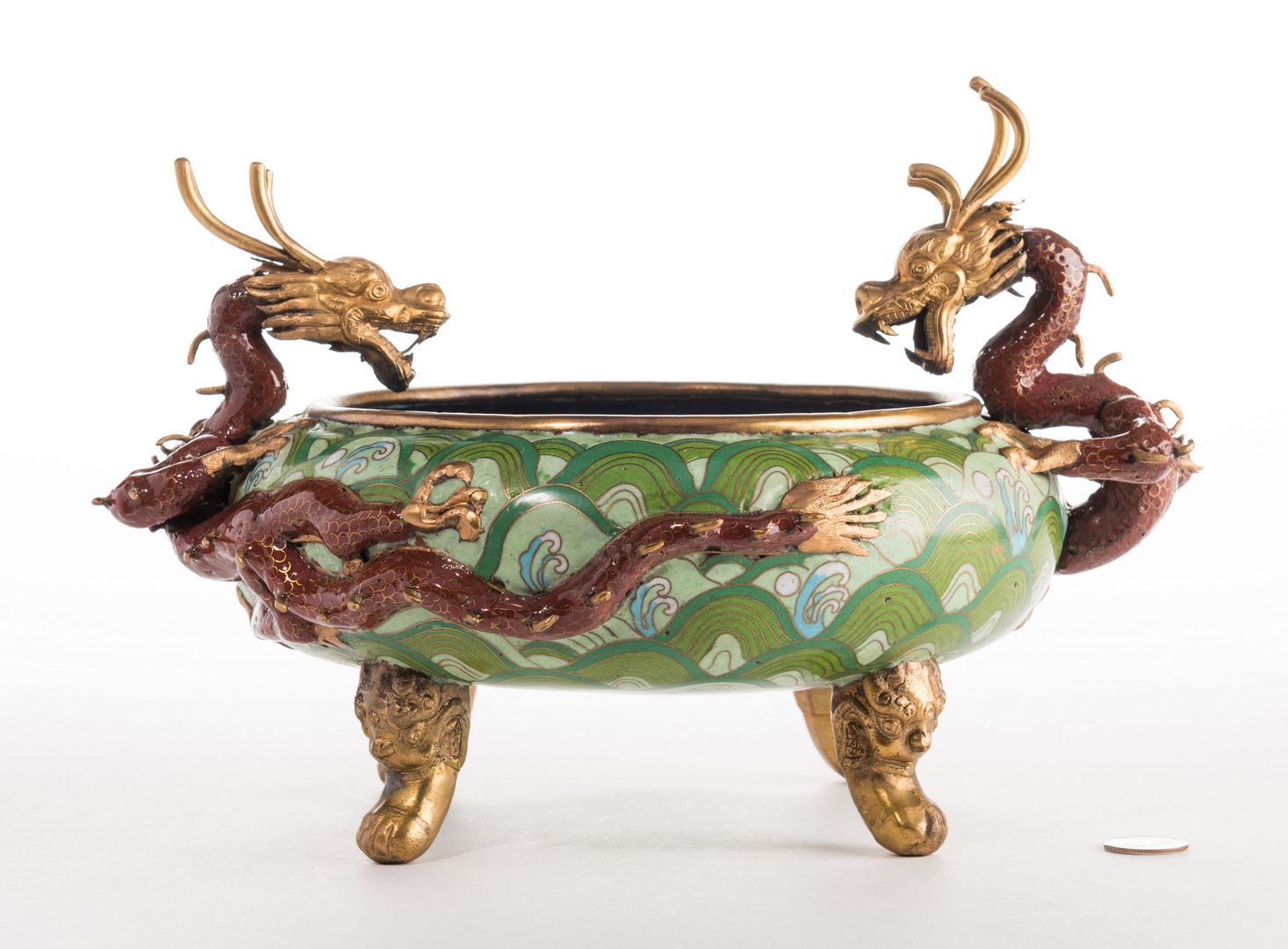 Lot 306: Qing Cloisonne Jardiniere, Dragon Mounts