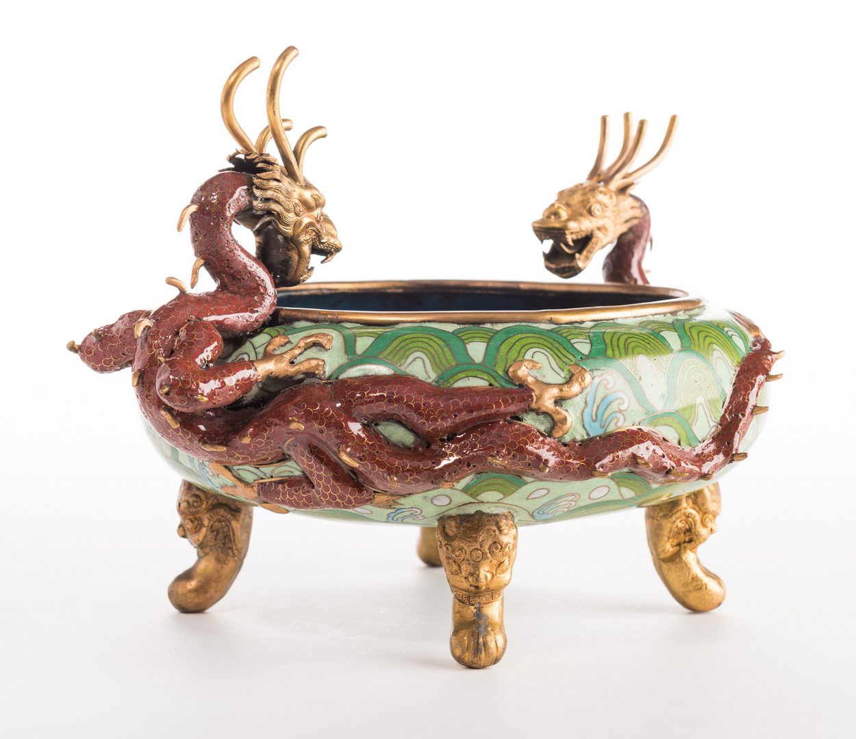 Lot 306: Qing Cloisonne Jardiniere, Dragon Mounts